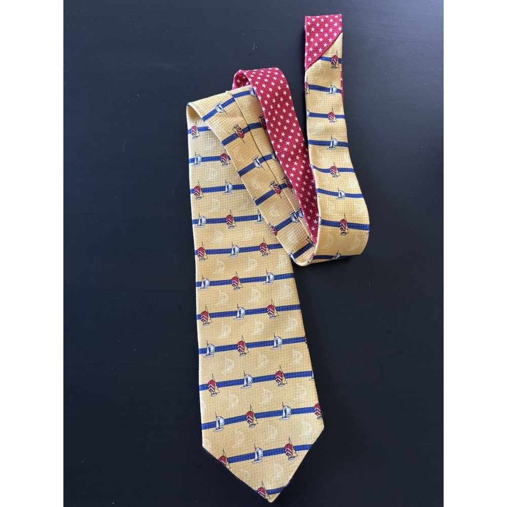 Tommy Hilfiger Tie Necktie Vintage AOP Sailboat Print Yellow Multicolor Nautical